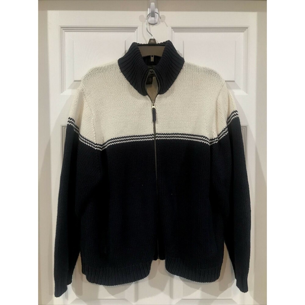 Eddie Bauer Women’s Chunky Cotton Knit Zip Front Sweater Navy & White XL